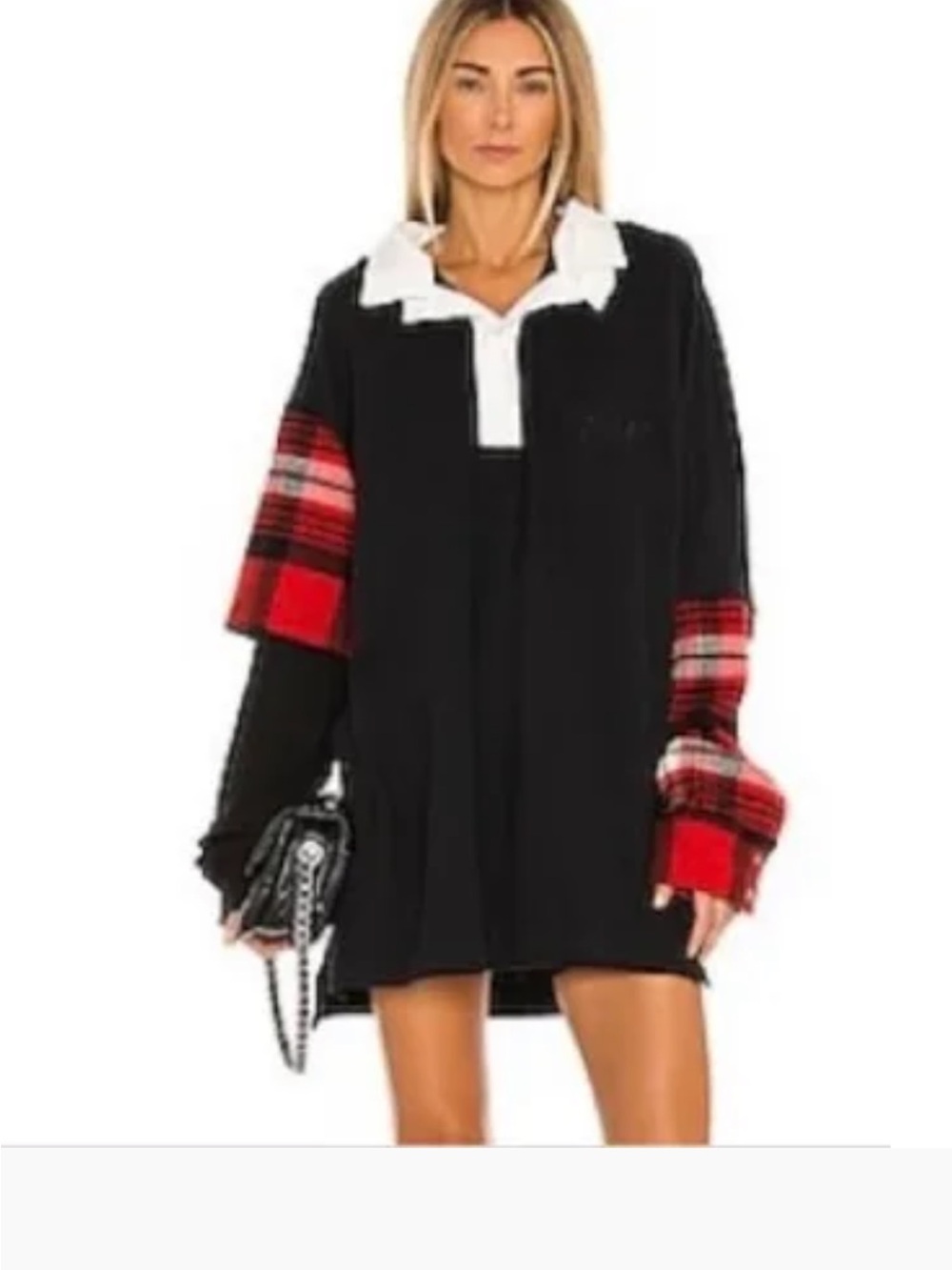 Boys Lie Black V-Neck Sweater Dress with Red Plaid Cuffs & White Collar